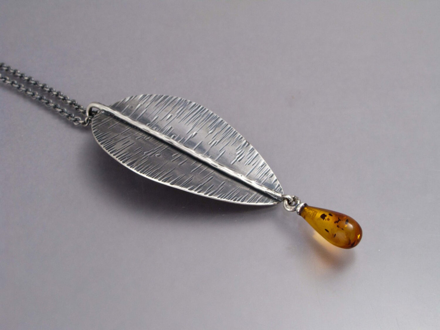 Large Sterling Silver Leaf Pendant Necklace with Amber Drop Ready to Ship