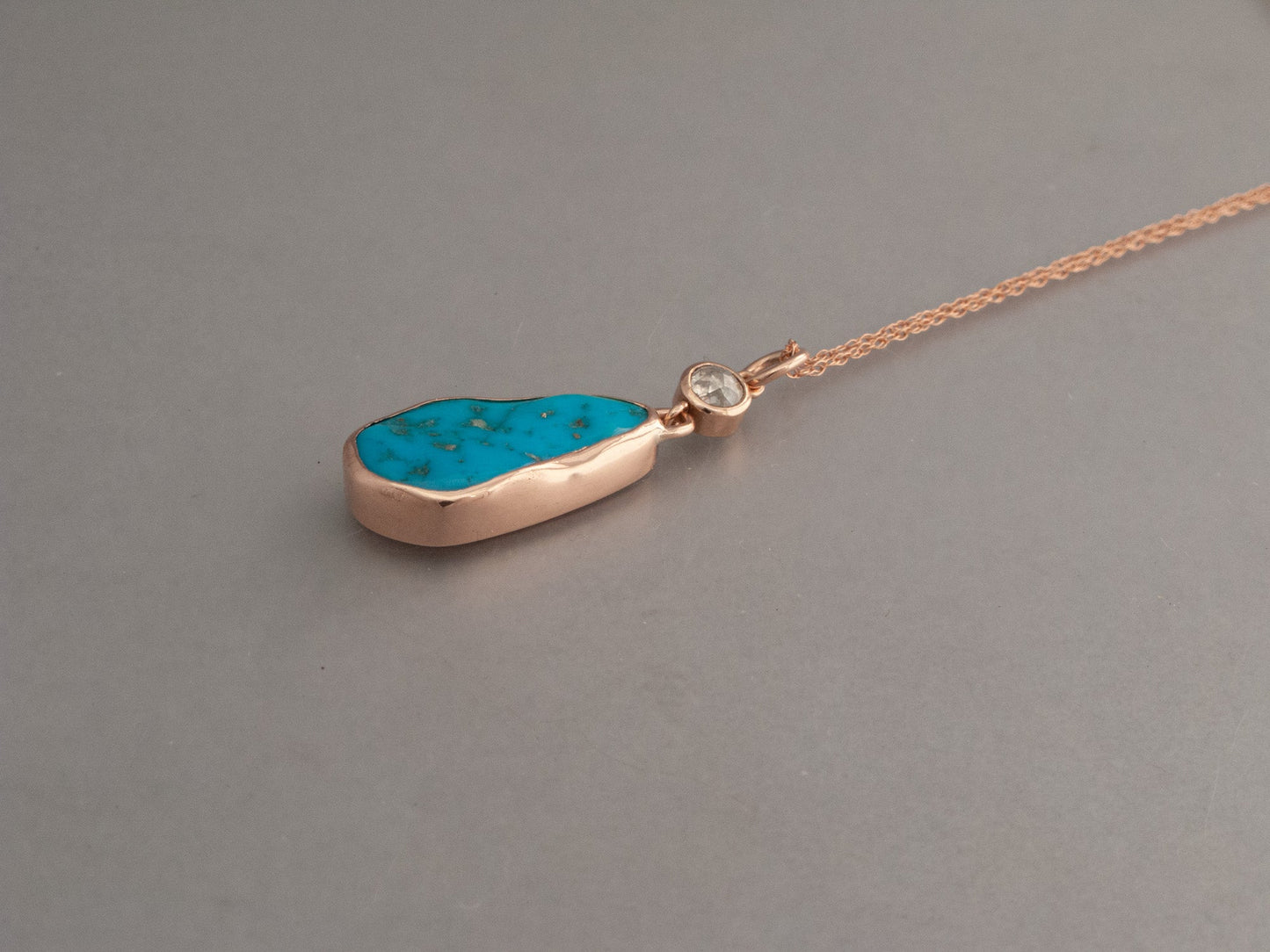 Kingman Turquoise and Rose Cut Diamond Necklace in 14k Rose Gold