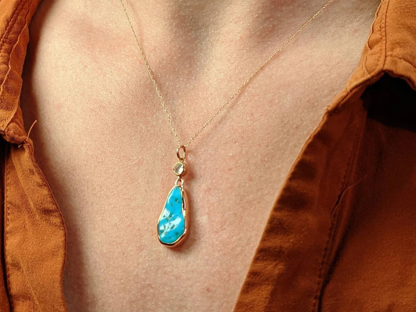 Kingman Turquoise and Rose Cut Diamond Necklace in 14k Rose Gold