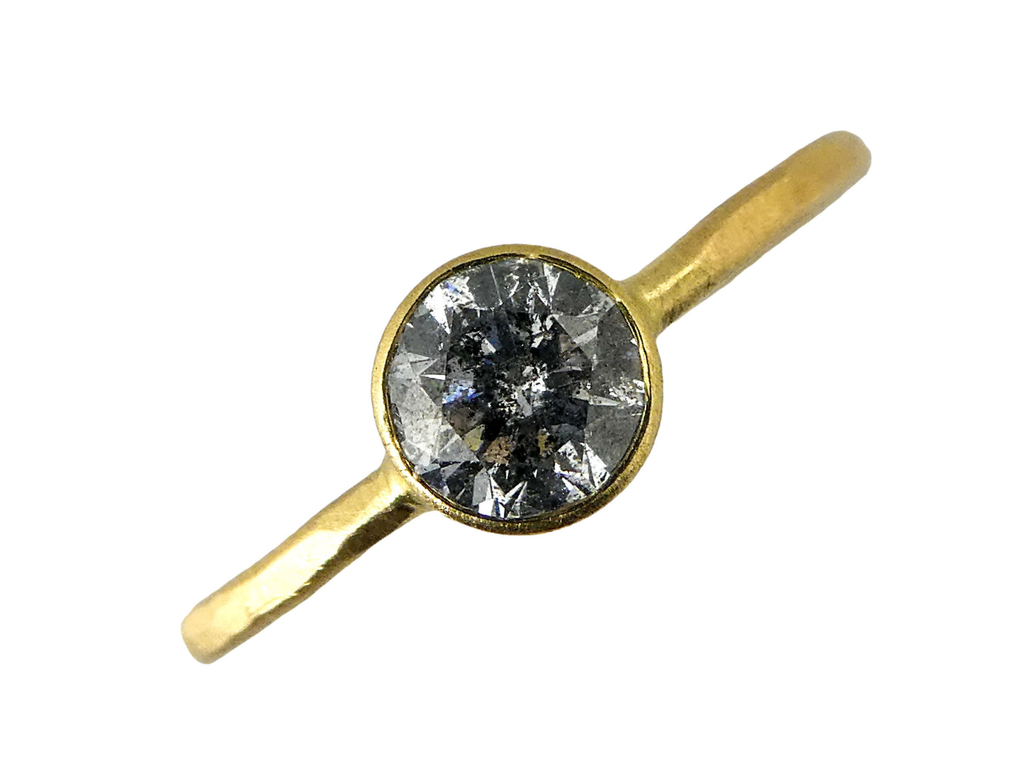 Half Carat Salt and Pepper Diamond Solitaire Engagement Ring, round brilliant cut 0.54ct diamond in a straight sided bezel and delicate 1.25mm round band in matte hammered 18k yellow gold, size 6.75