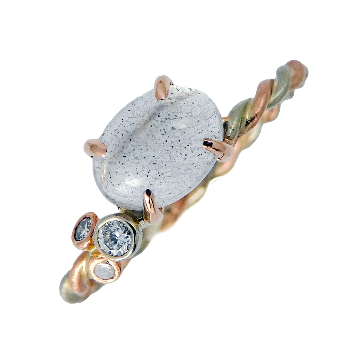 Moonstone 4-Prong White and Rose Gold Ring 5x7mm, east-west oval cabochon with clustered diamonds and a two-tone twist band, size 6