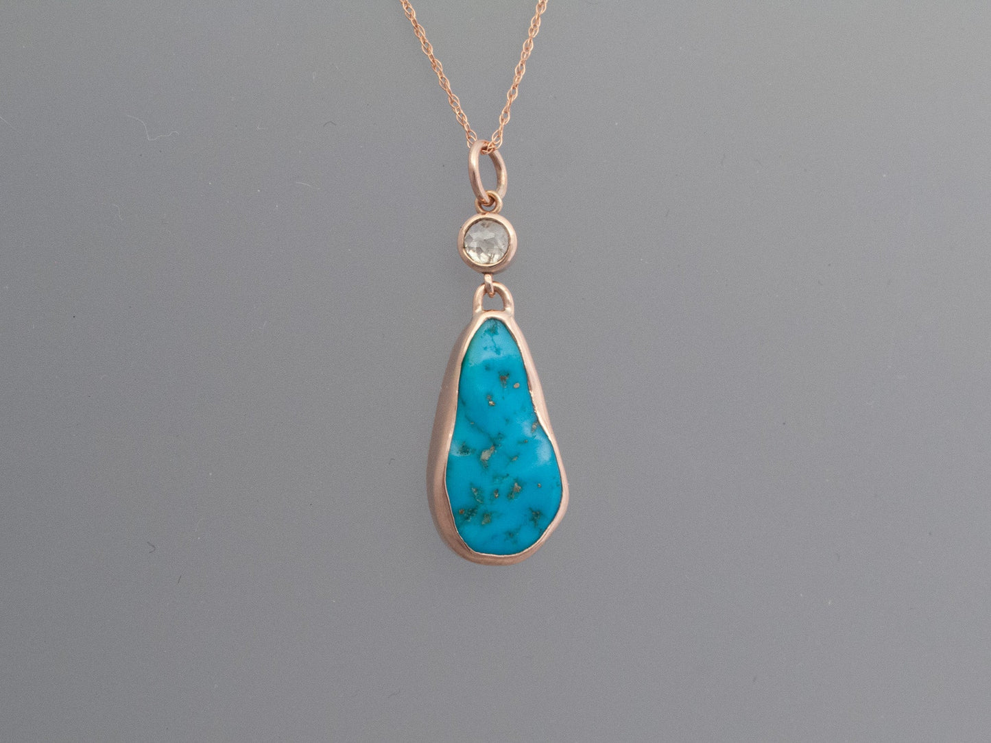 Kingman Turquoise and Rose Cut Diamond Necklace in 14k Rose Gold