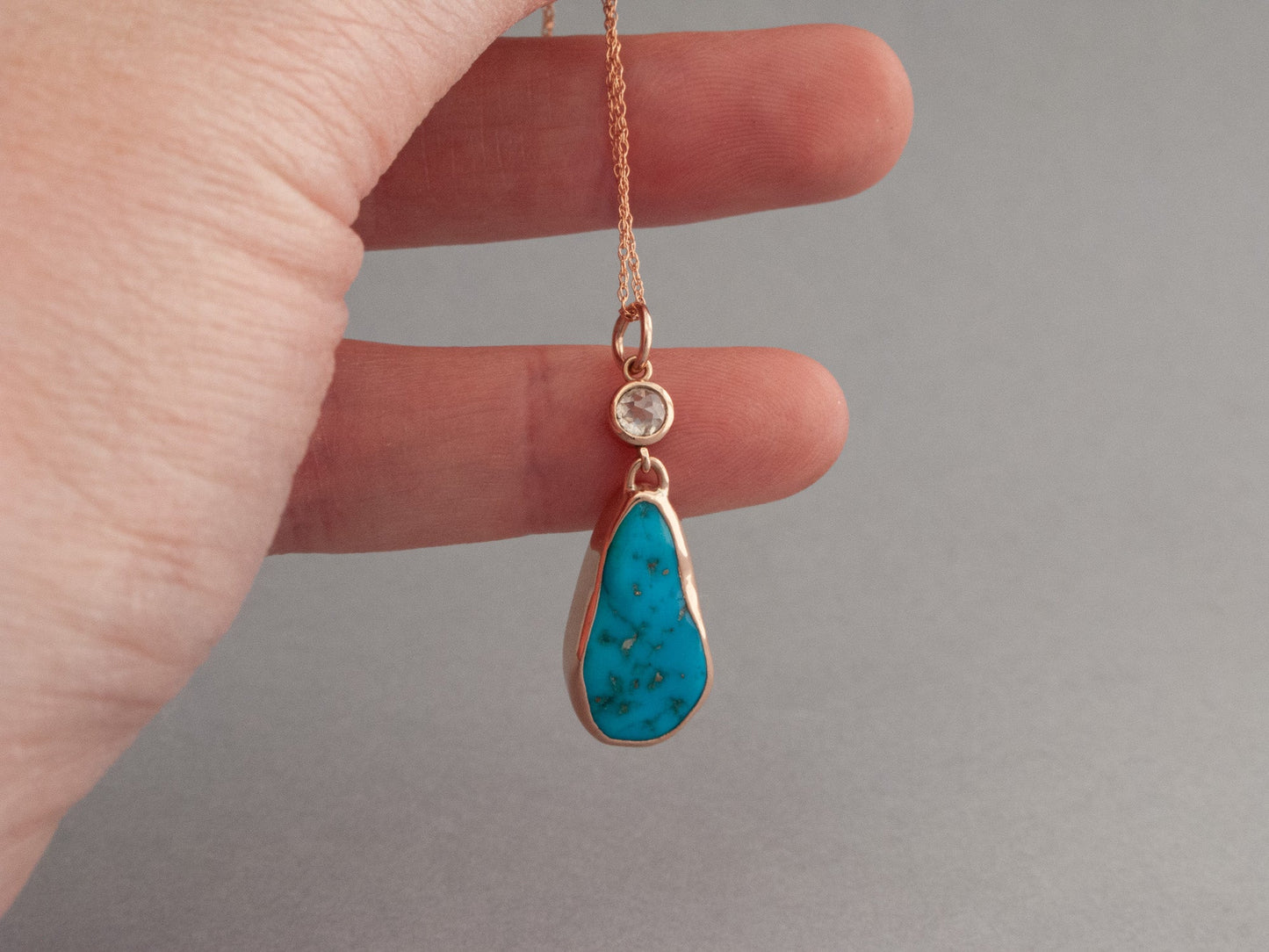 Kingman Turquoise and Rose Cut Diamond Necklace in 14k Rose Gold