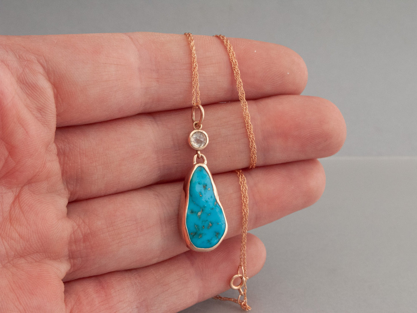 Kingman Turquoise and Rose Cut Diamond Necklace in 14k Rose Gold