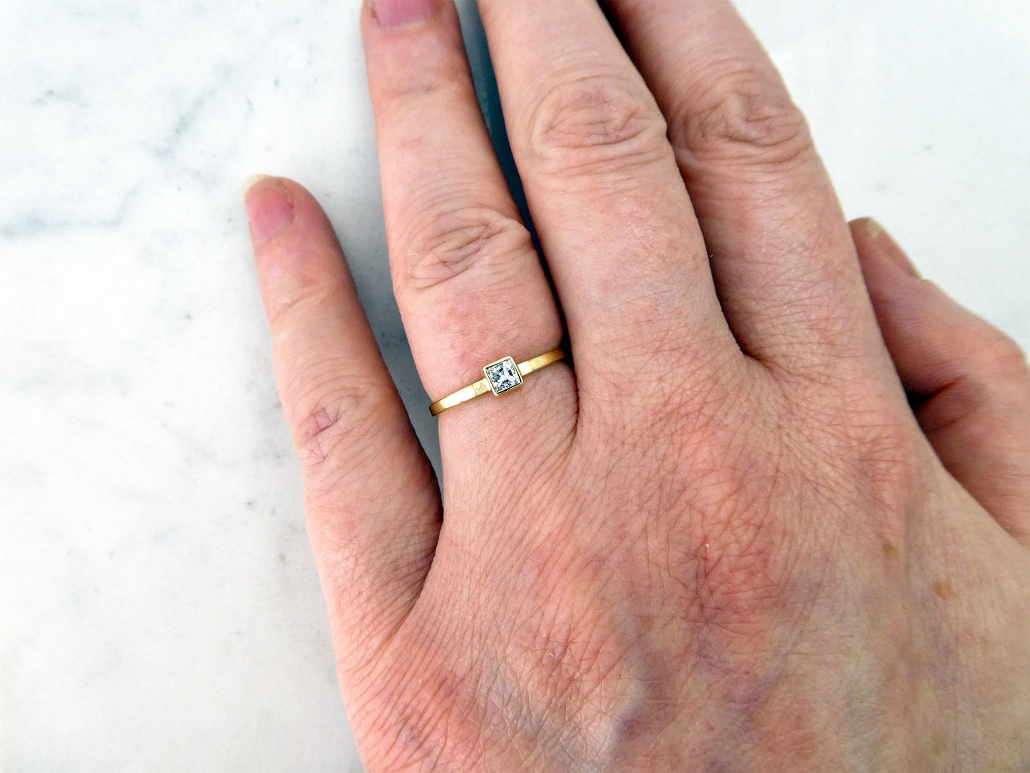 Petite Princess Cut Moissanite Engagement Ring in 14K Yellow Gold, Size 6