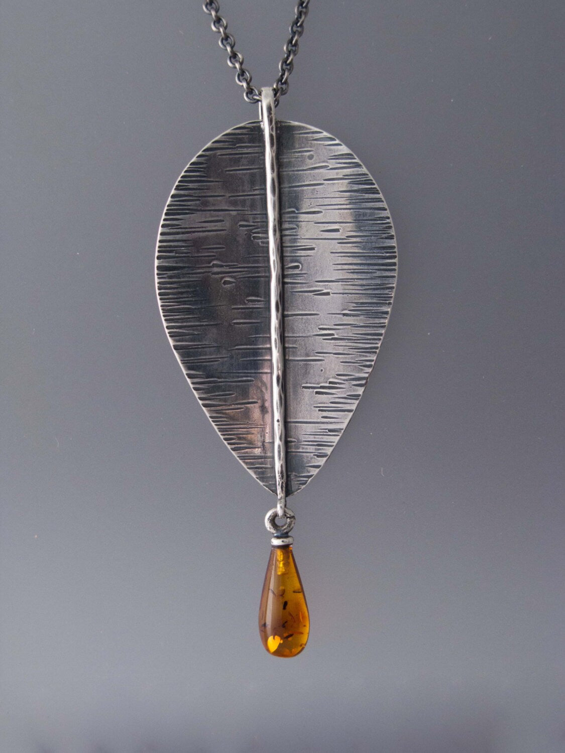Large Sterling Silver Leaf Pendant Necklace with Amber Drop Ready to Ship