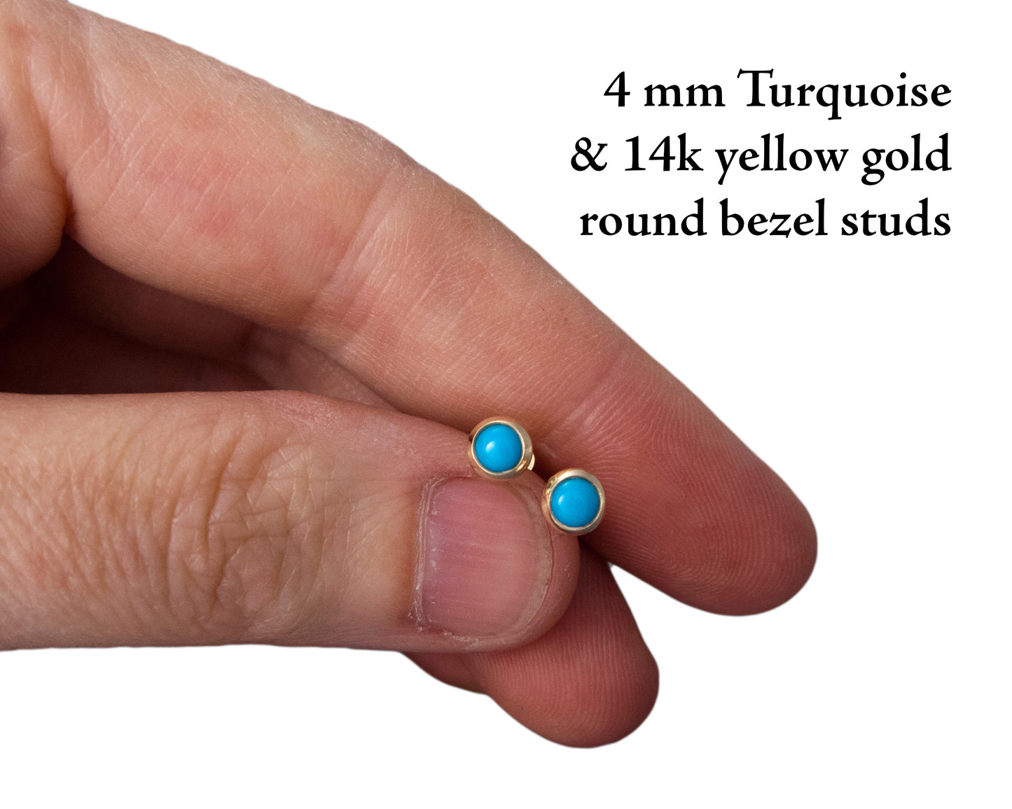 Small Turquoise 14k Gold Studs - 4mm round cabochon bezel earrings