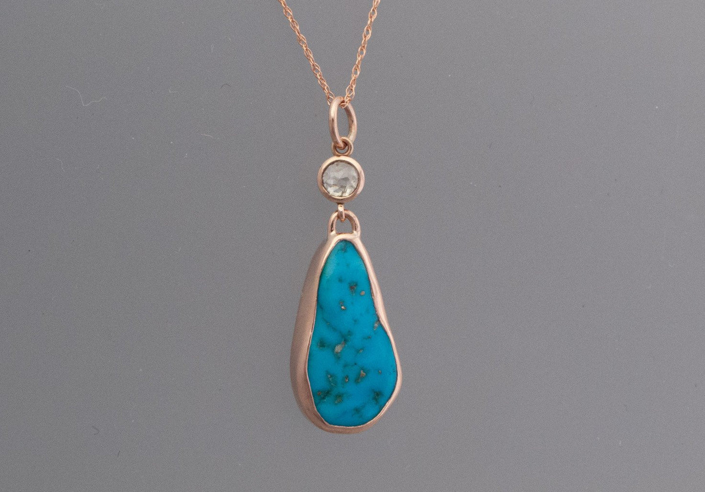 Kingman Turquoise and Rose Cut Diamond Necklace in 14k Rose Gold