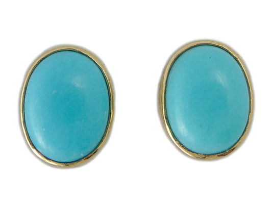 Oval Turquoise 14k Yellow Gold Bezel Studs, 8x6mm oval cabochon earrings