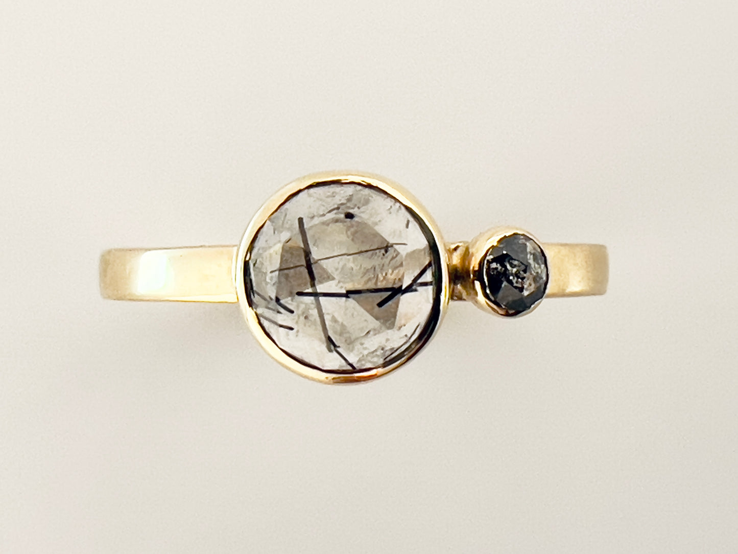 Black Tourmaline in Quartz 14k Yellow Gold Ring, accented with salt and pepper rose cut diamond, size 7