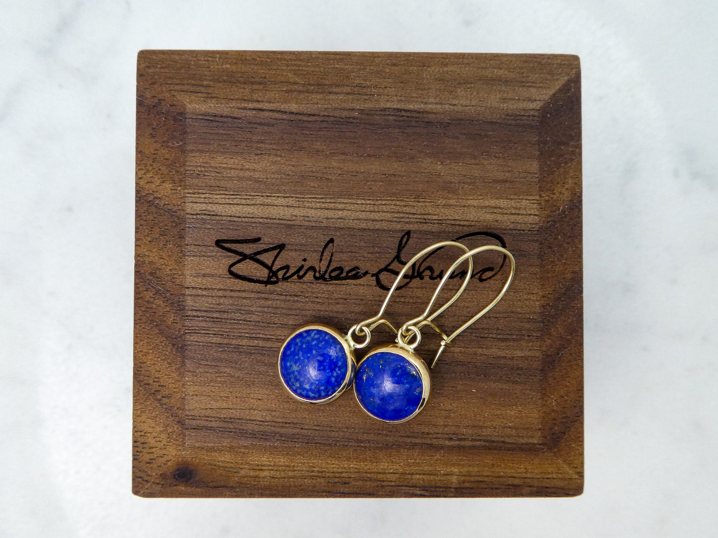 Lapis and 14k Yellow Gold Round Bezel Drop Earrings, classic 8mm round blue cabochon earrings | Ready to Ship