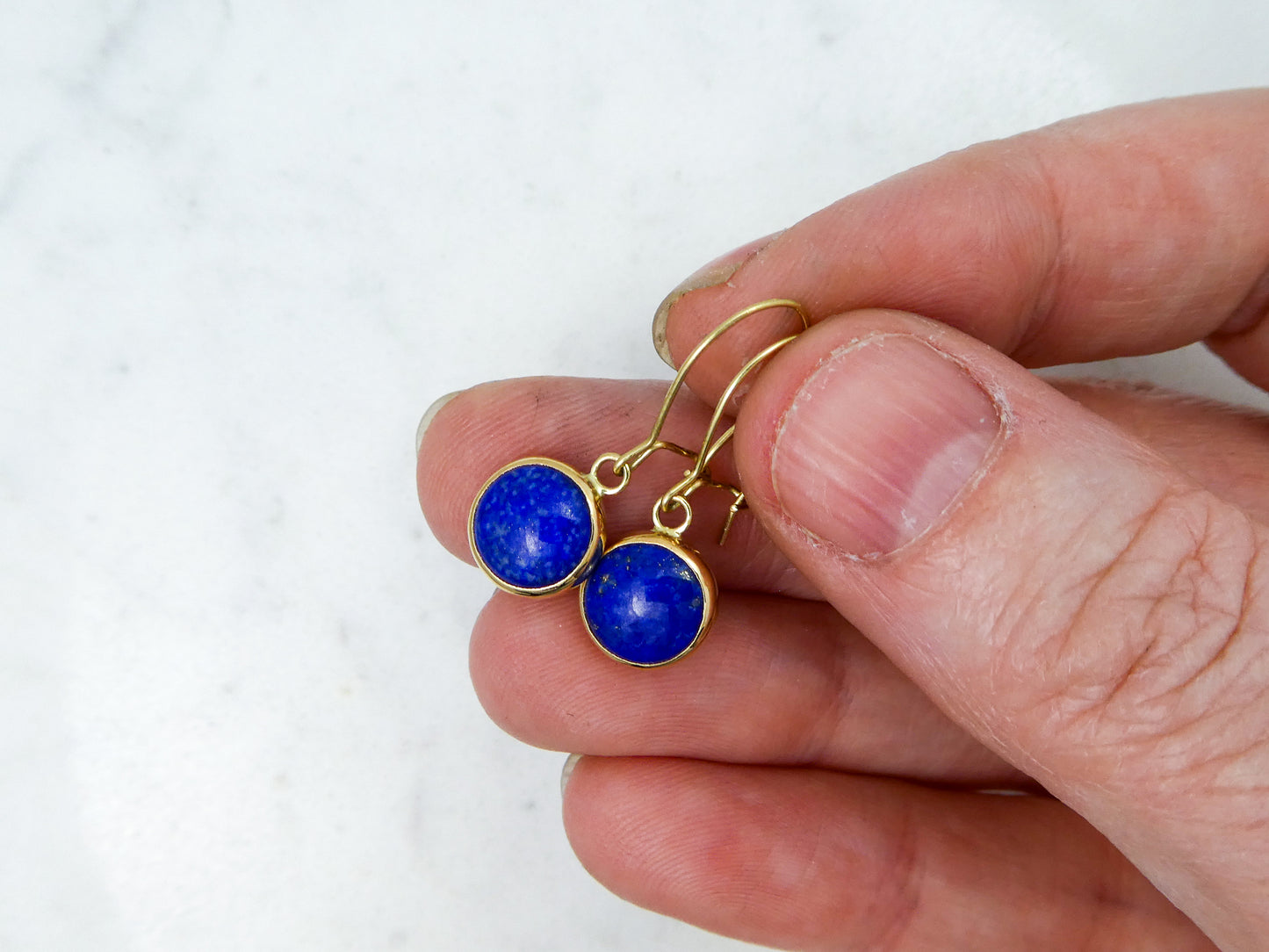 Lapis and 14k Yellow Gold Round Bezel Drop Earrings, classic 8mm round blue cabochon earrings | Ready to Ship