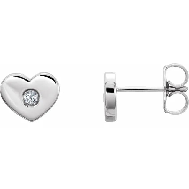 Diamond and Heart Studs in Sterling Silver, sweet heart shapes earrings with flush-set diamond accents