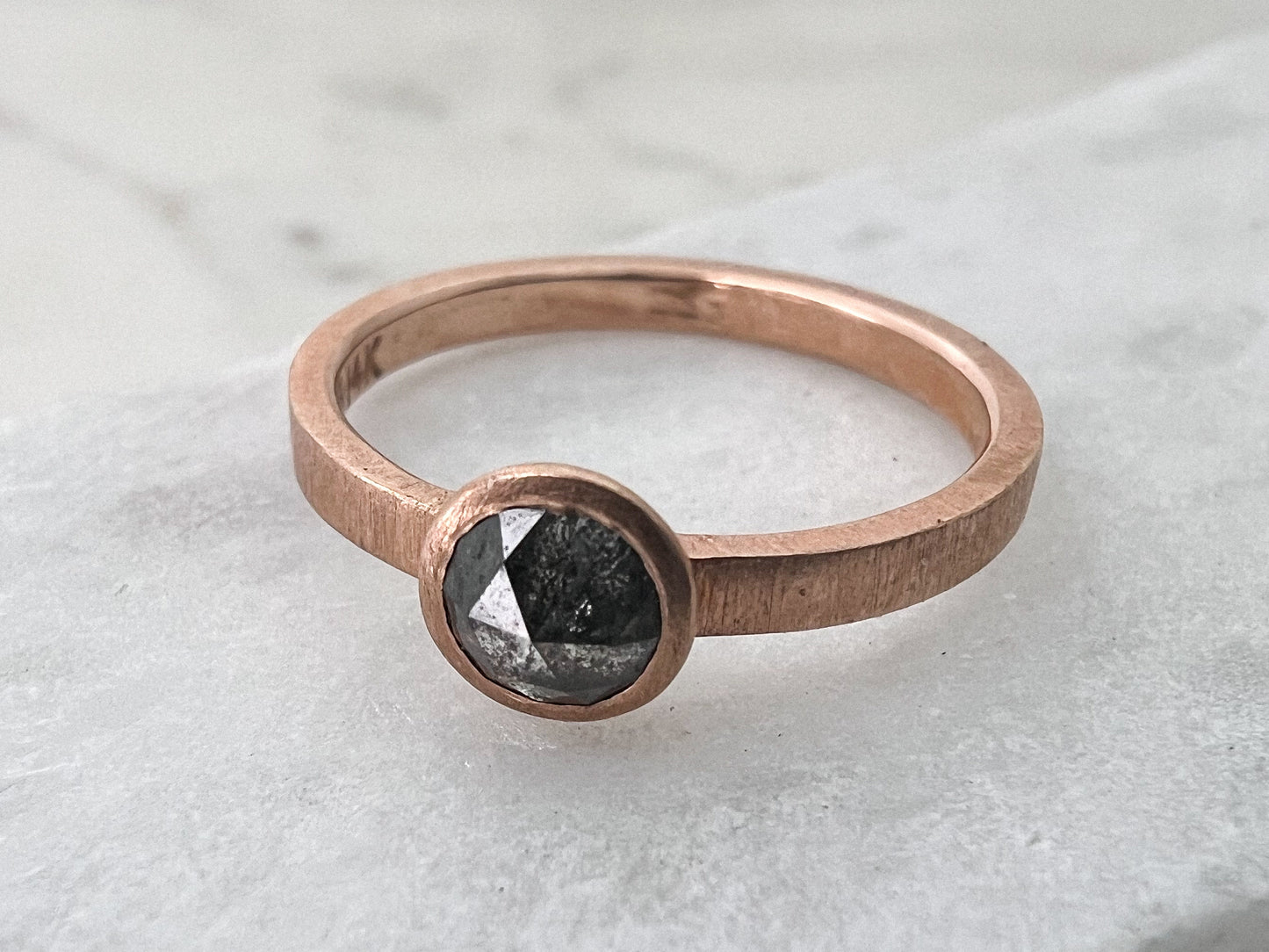 Half Carat Rose Cut Diamond Solitaire Engagement Ring with low tapered bezel in matte 14k rose gold, size 4.75