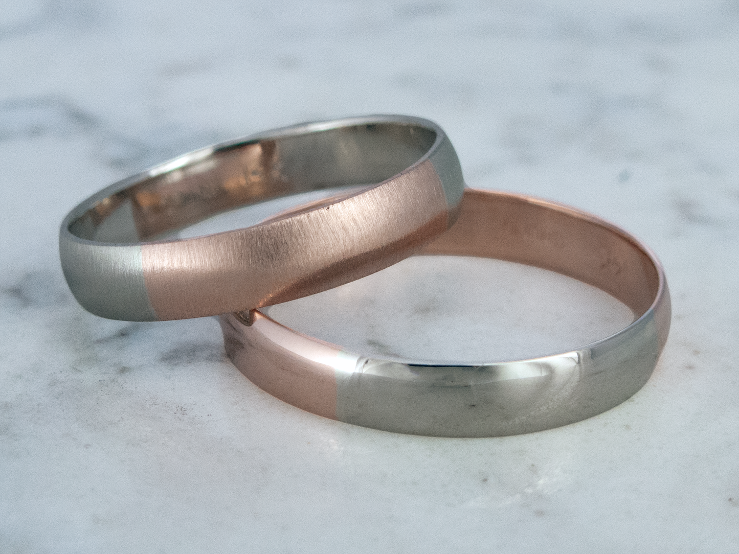 Wide Low Dome Two Tone Gold Wedding Ring - 3mm-6mm Opposites Attract band in a mix of white, yellow or rose gold