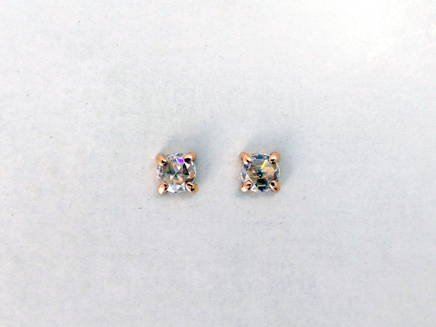 Rose Cut Moissanite Studs in 14k Rose Gold, 5mm moissanite, low 4-prong setting, Screw backs | Ready to Ship