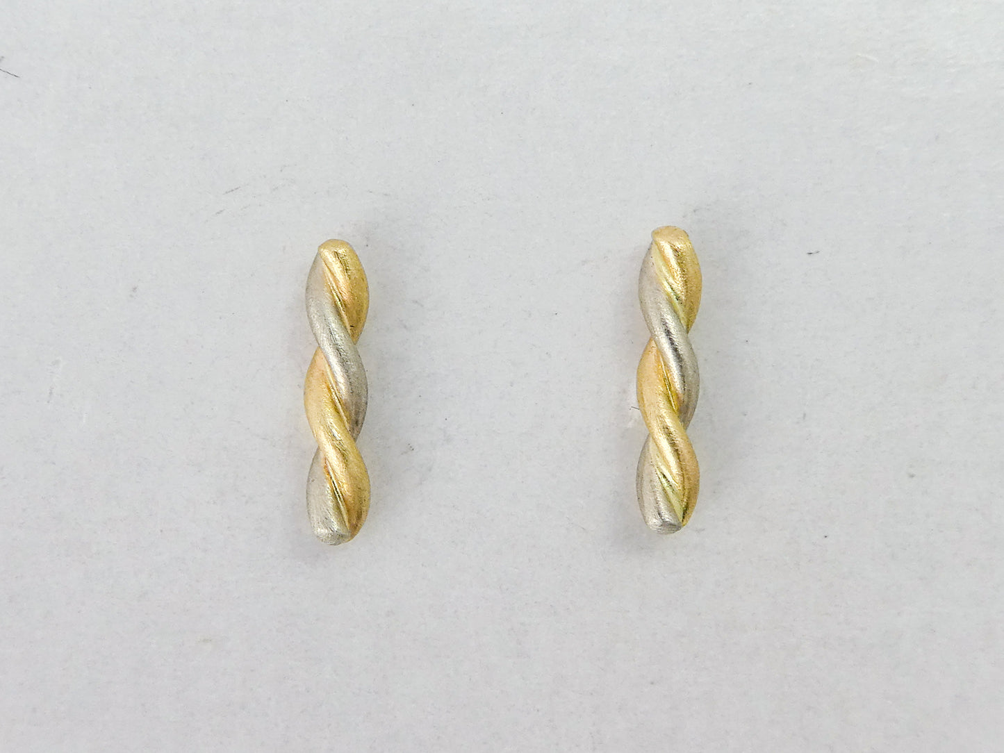 Gold Cruller Studs, 10x2mm two-tone 14k gold twist bar stud earrings