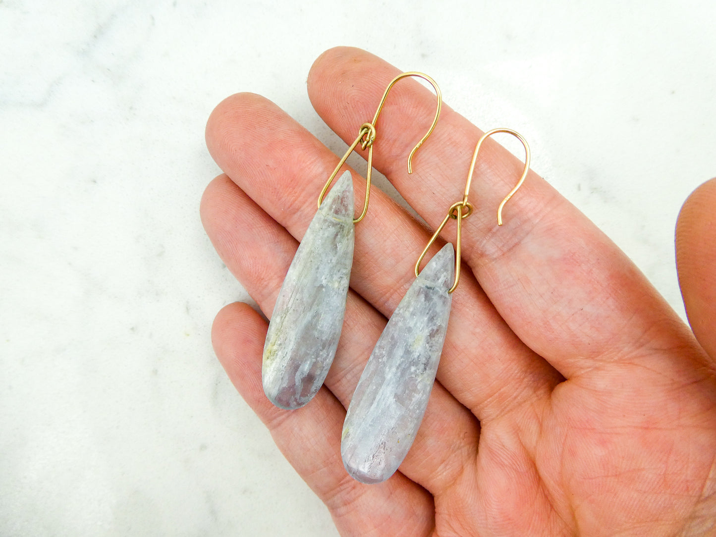 Sky Blue Kyanite Tear Drop 14k Yellow Gold Dangle Earrings