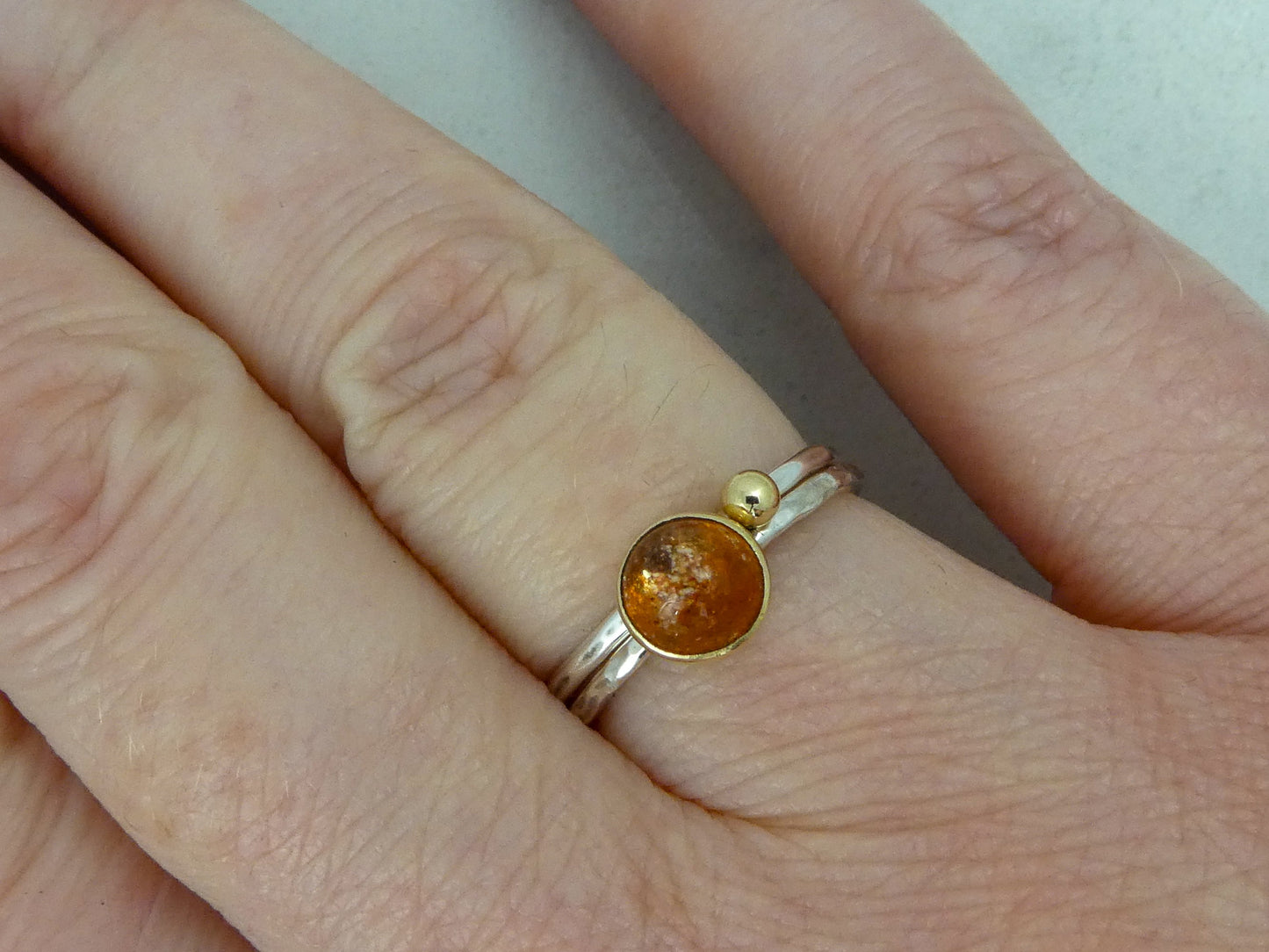 Golden Sunstone Gemstone in a 14k Yellow Gold Bezel on a Slim Silver Stacking Ring Set of 2, Size 5.5