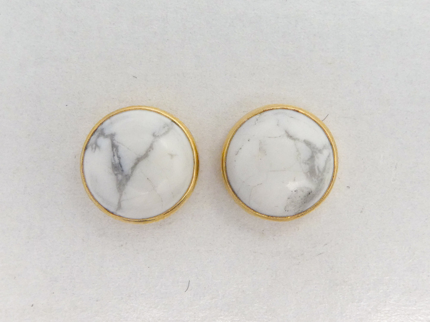 White Howlite and 14k Gold Bezel Studs - 8mm round earrings with white and grey marbled gemstone cabochons