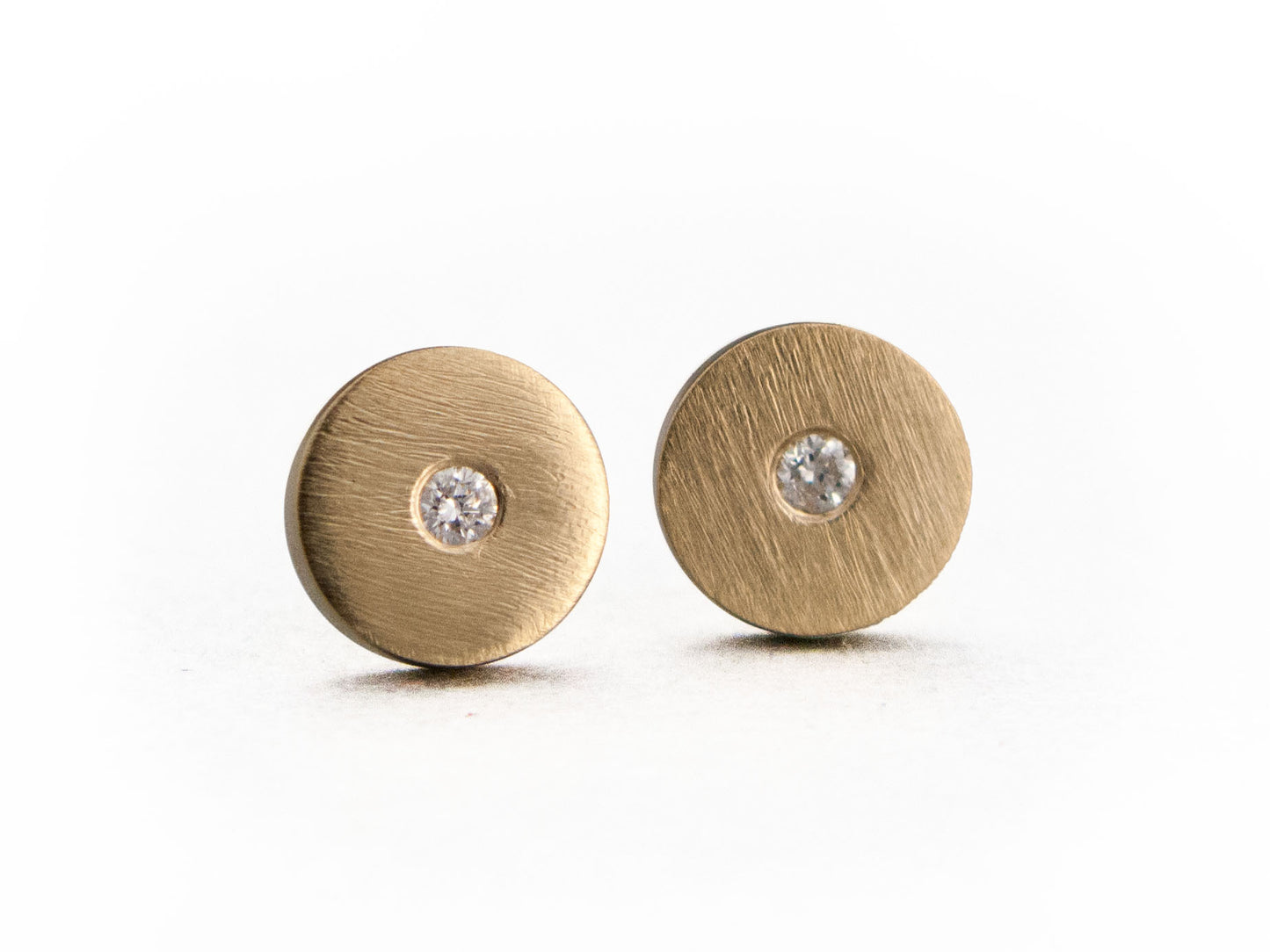 Diamond Gold Disk Studs 6mm circle earrings with flush set diamonds centers