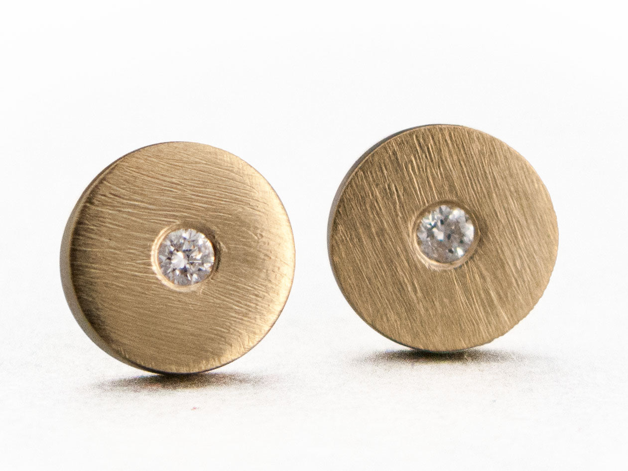 Diamond Gold Disk Studs 6mm circle earrings with flush set diamonds centers