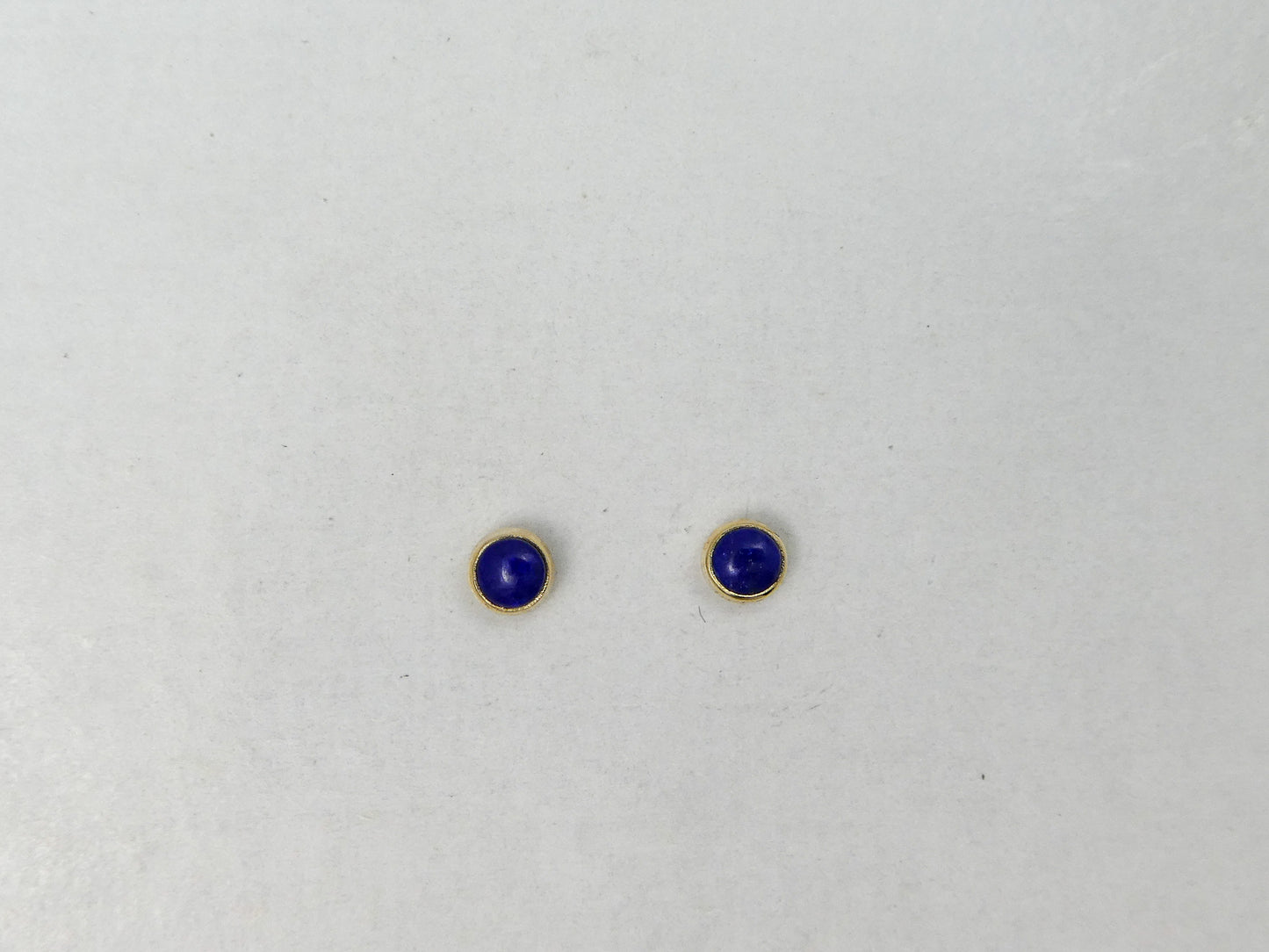 Mini Lapis Lazuli Gold Bezel Stud Earrings,  3mm round blue cabochon in 14k gold bezel