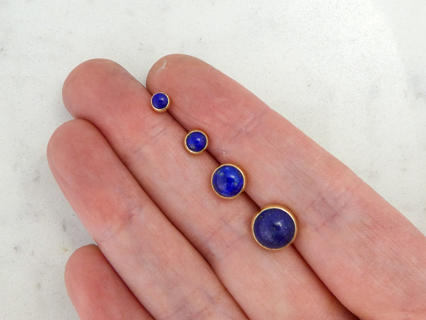 Small Lapis Lazuli Gold Bezel Stud Earrings,  4mm round blue cabochon in 14k gold bezel
