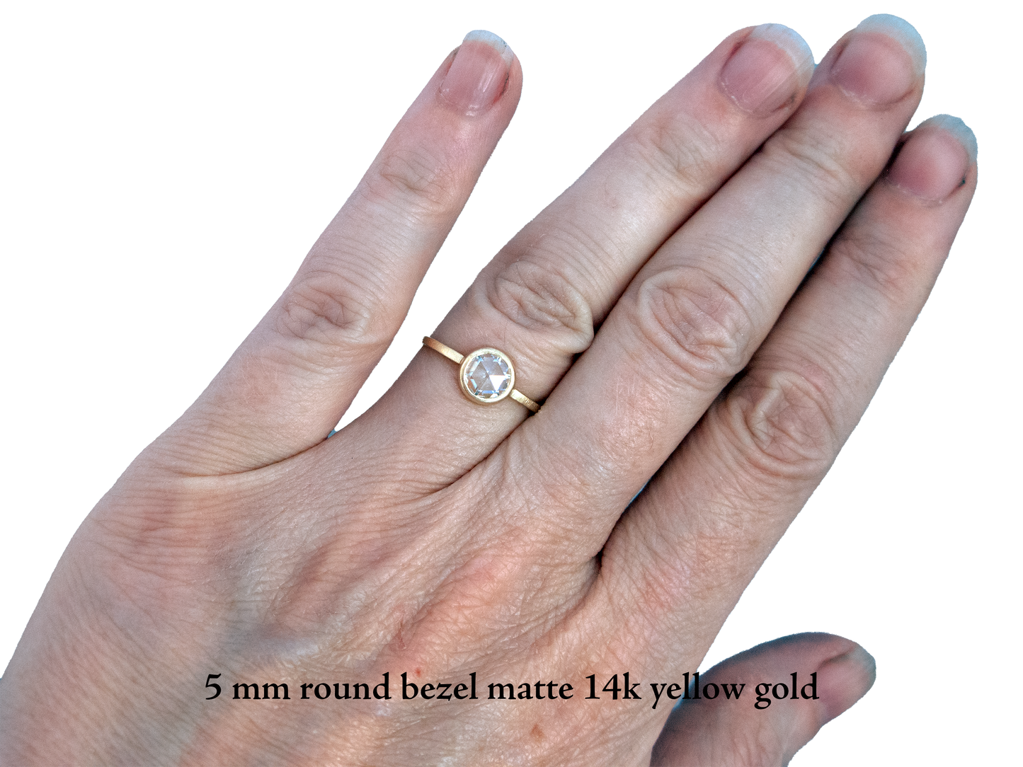 Rose Cut Moissanite Engagement Ring in 14k Gold with a low round bezel and slim square band