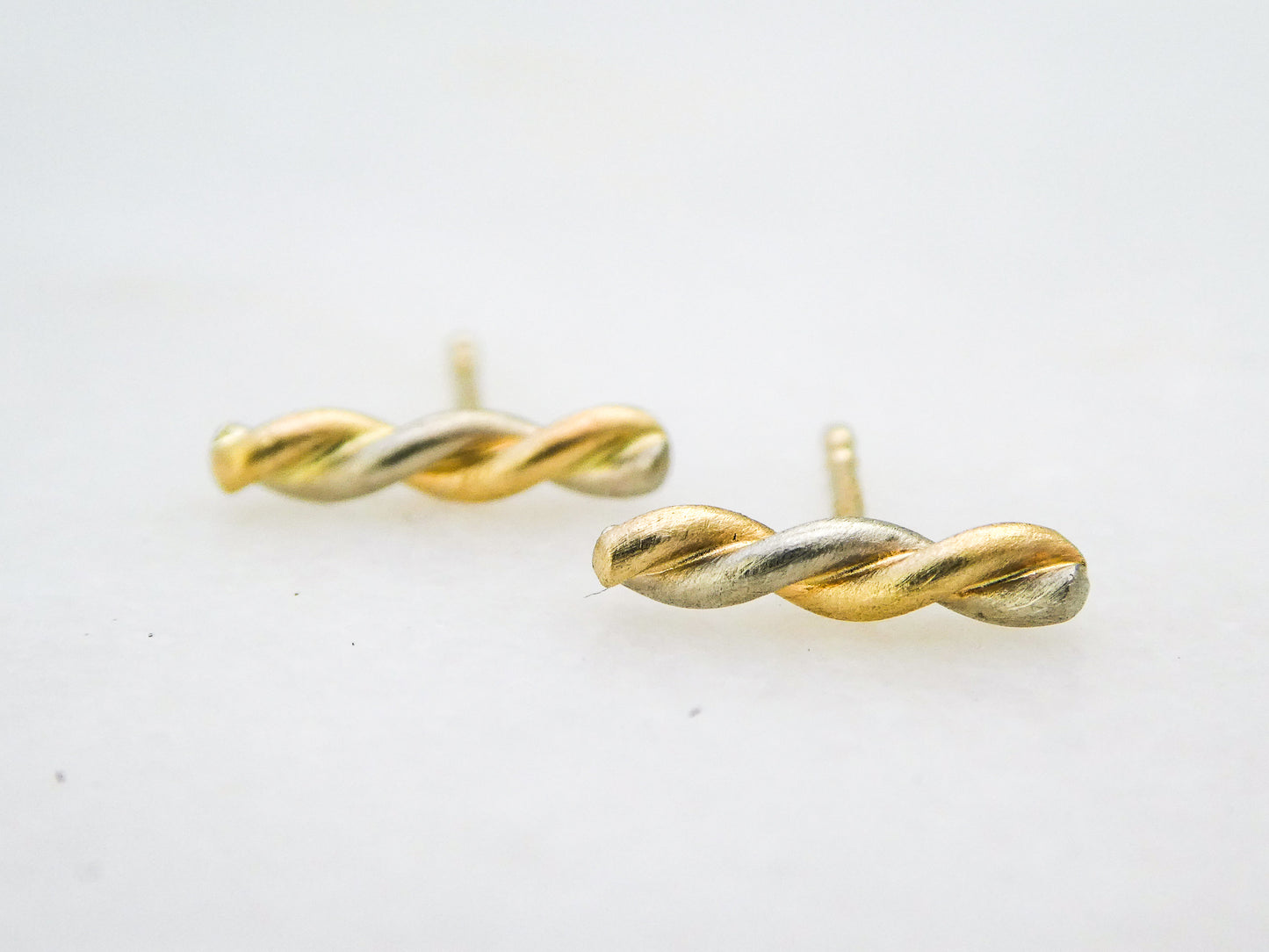 Gold Cruller Studs, 10x2mm two-tone 14k gold twist bar stud earrings