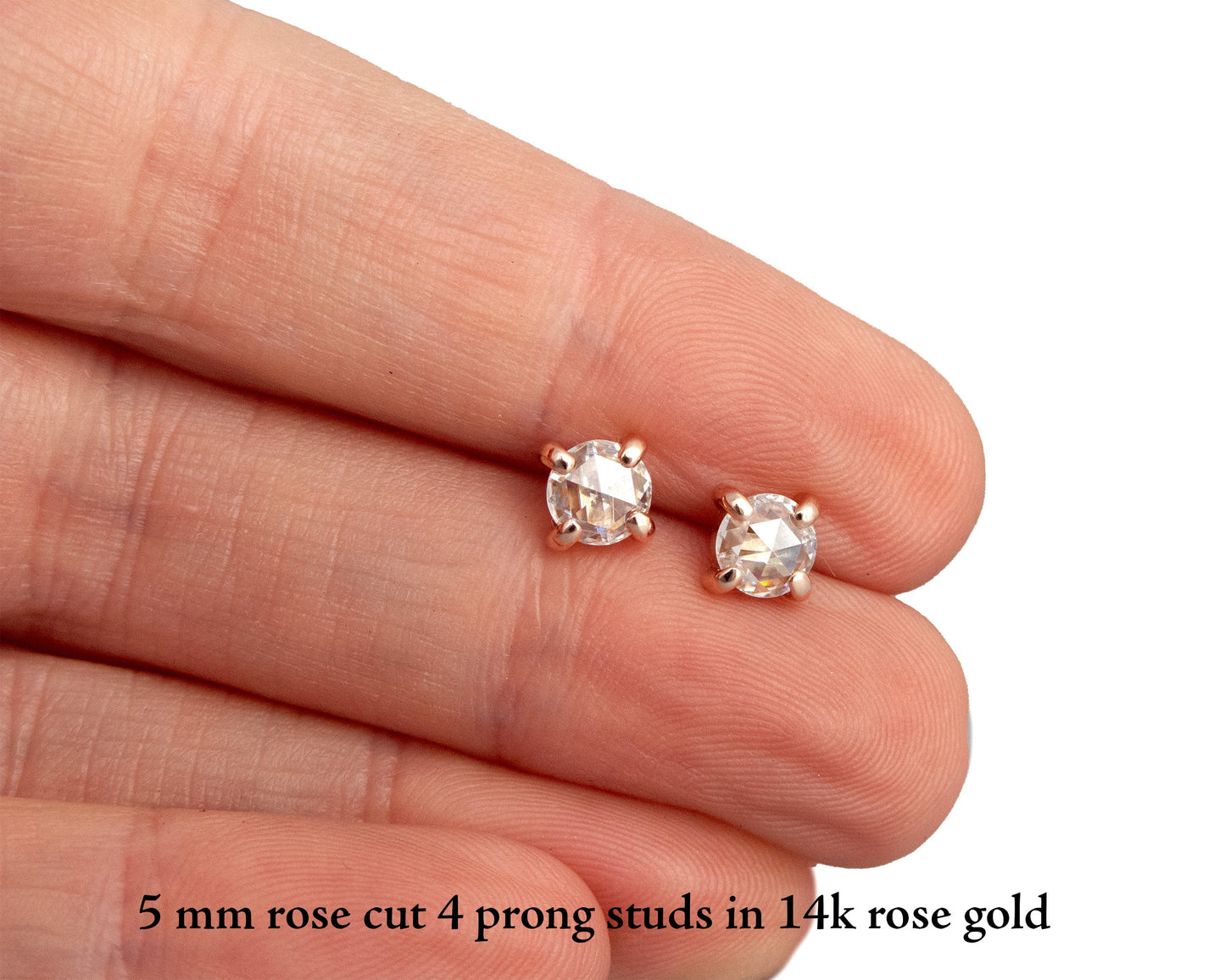 Rose Cut Moissanite Studs in 14k Rose Gold, 5mm moissanite, low 4-prong setting, Screw backs | Ready to Ship