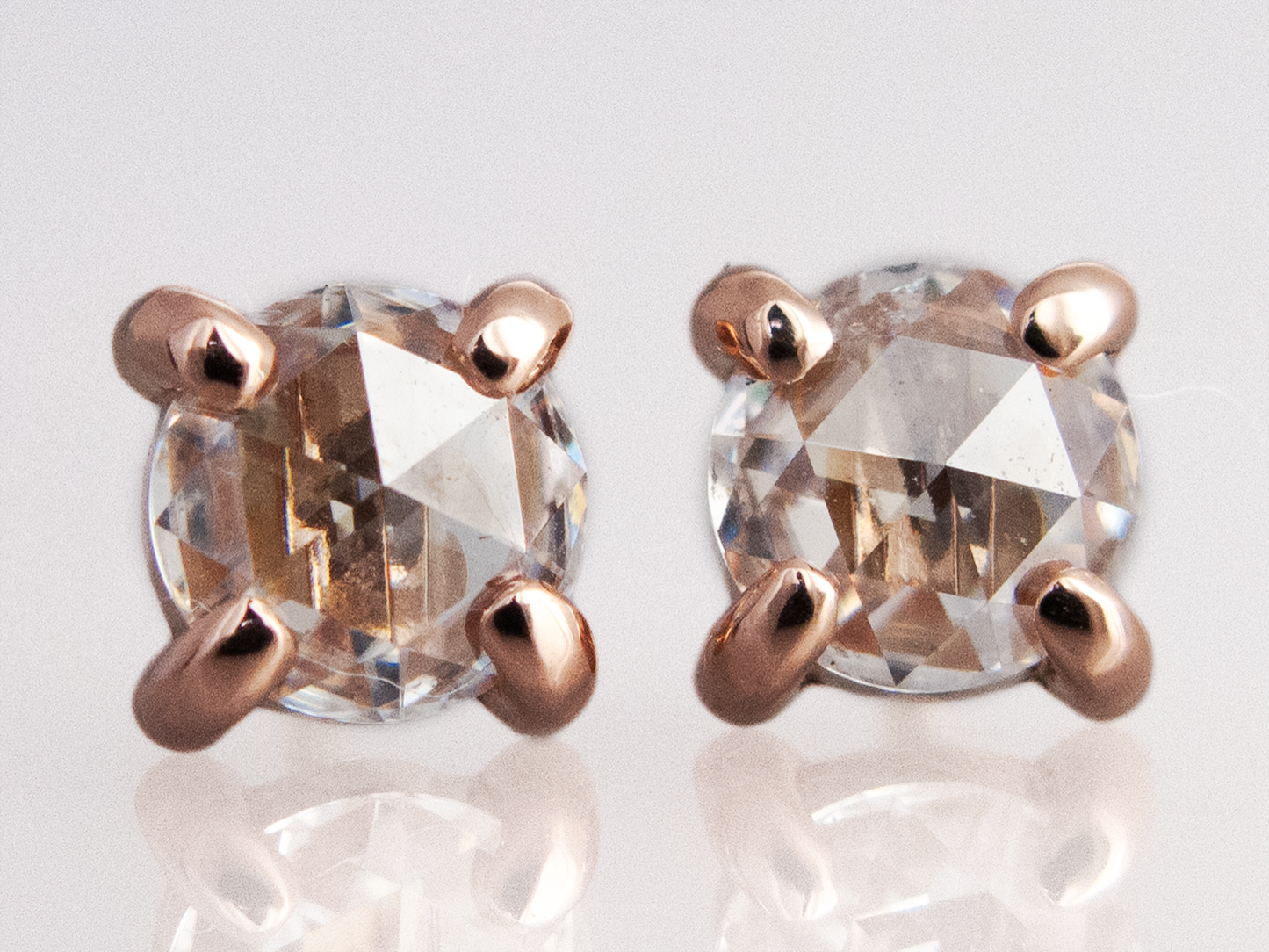Rose Cut Moissanite Studs in 14k Gold, 4 prong studs made to order in 3mm-6mm round, rose, white, yellow gold