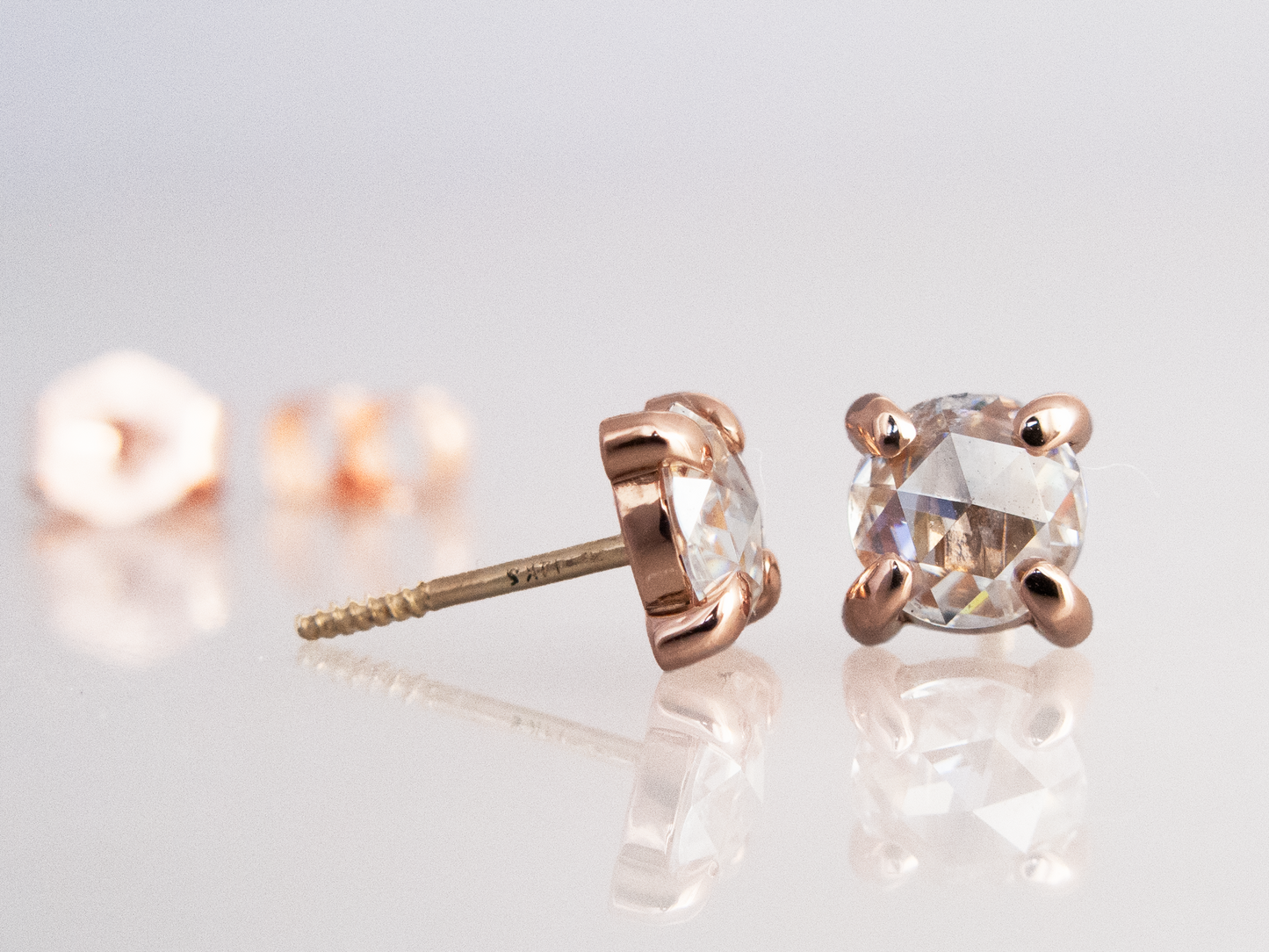 Rose Cut Moissanite Studs in 14k Rose Gold, 5mm moissanite, low 4-prong setting, Screw backs | Ready to Ship