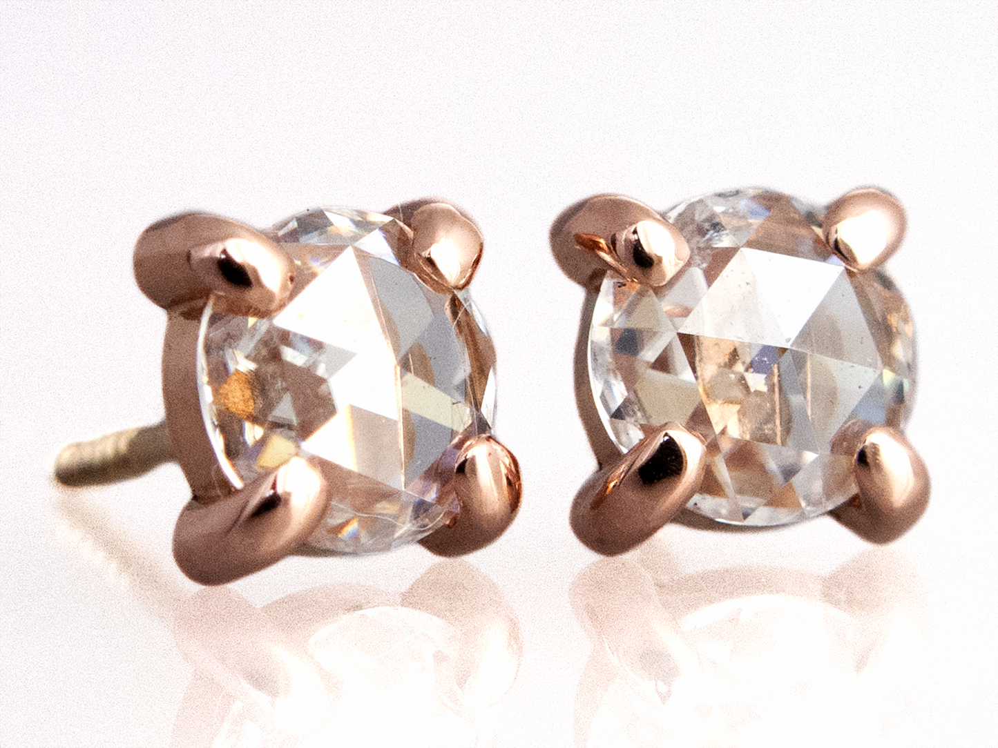 Rose Cut Moissanite Studs in 14k Rose Gold, 5mm moissanite, low 4-prong setting, Screw backs | Ready to Ship