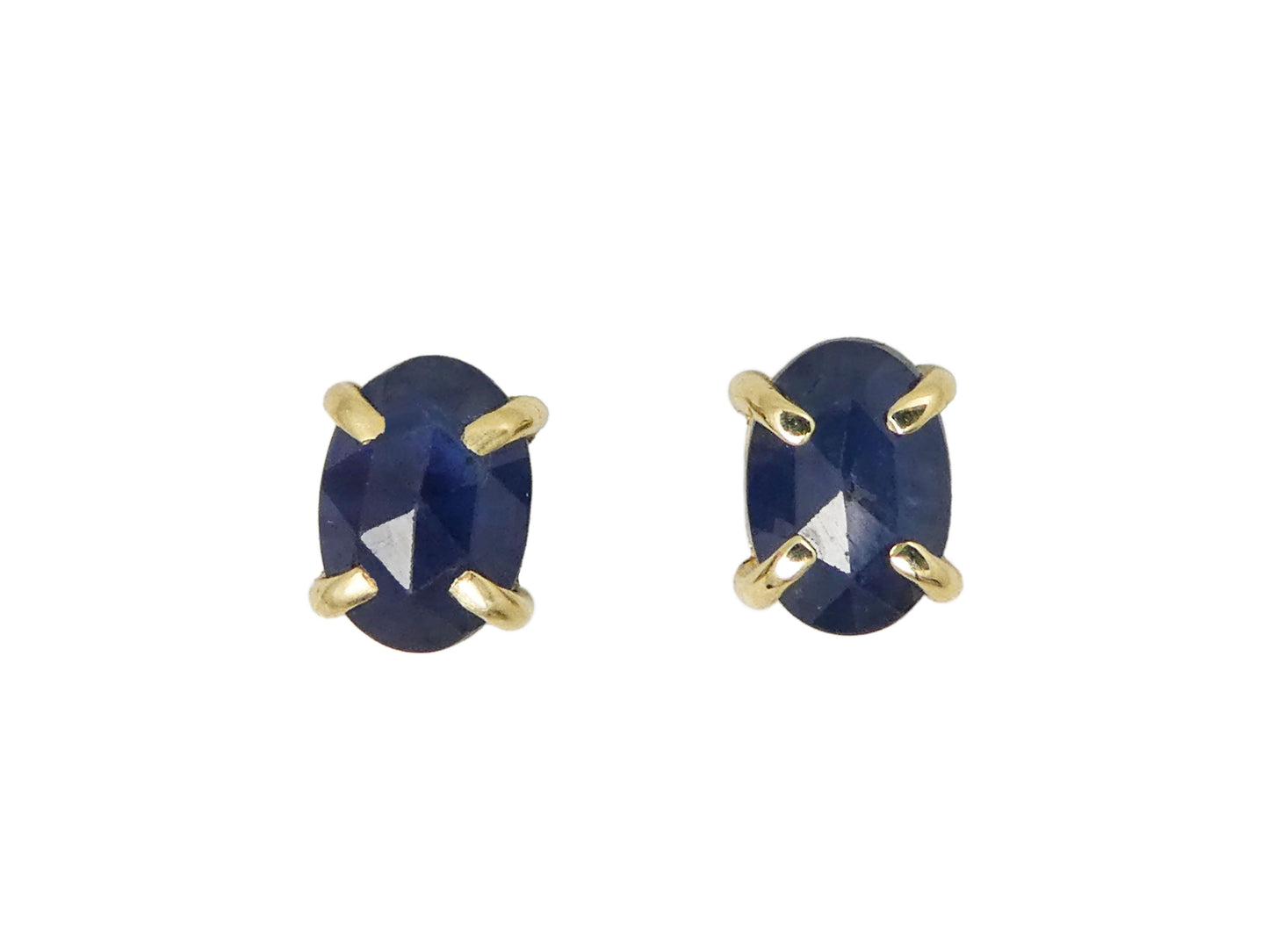 Oval Blue Sapphire 4-Prong Studs, 5x7mm rose cut ovals in 14k yellow gold