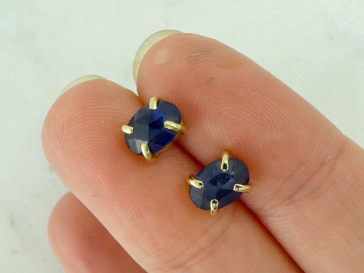 Oval Blue Sapphire 4-Prong Studs, 5x7mm rose cut ovals in 14k yellow gold