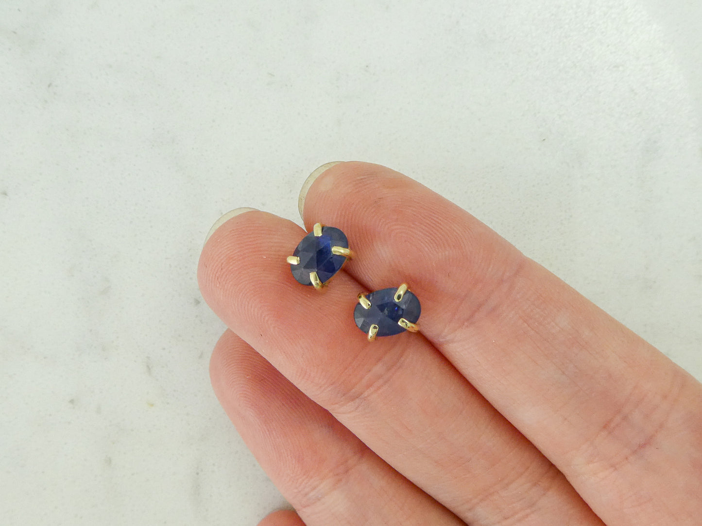 Oval Blue Sapphire 4-Prong Studs, 5x7mm rose cut ovals in 14k yellow gold