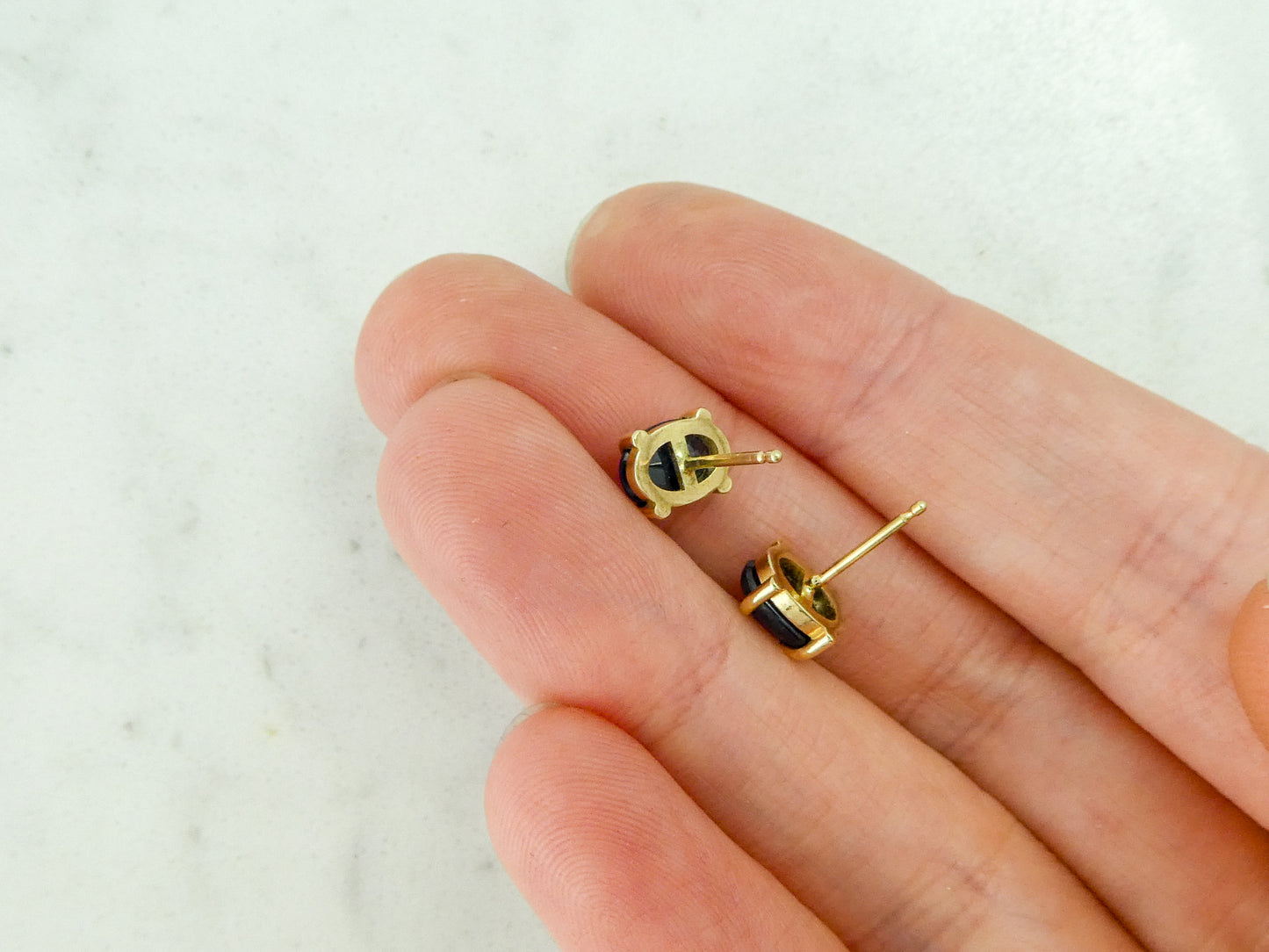 Oval Blue Sapphire 4-Prong Studs, 5x7mm rose cut ovals in 14k yellow gold