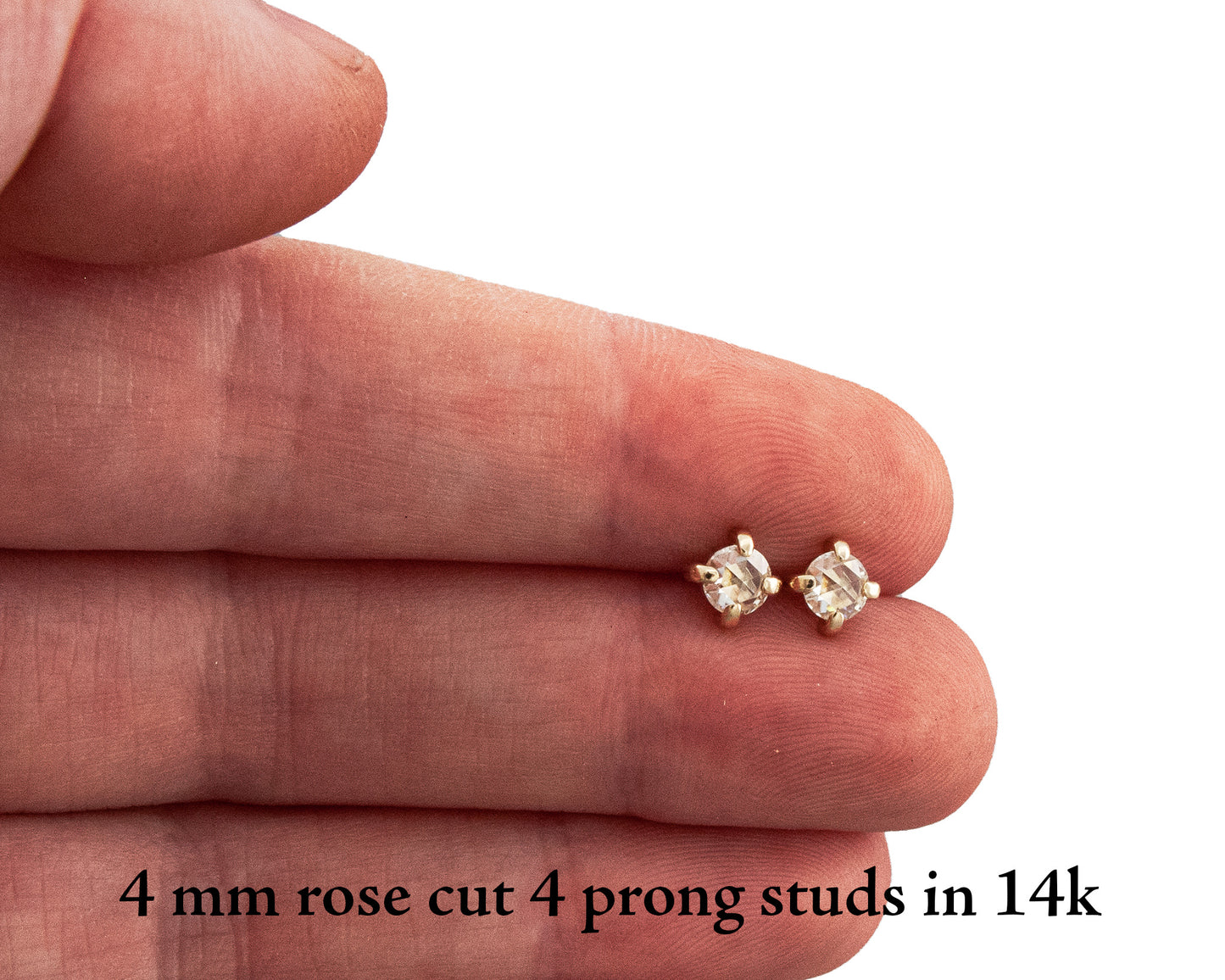 Rose Cut Moissanite Studs in 14k Gold, 4 prong studs made to order in 3mm-6mm round, rose, white, yellow gold