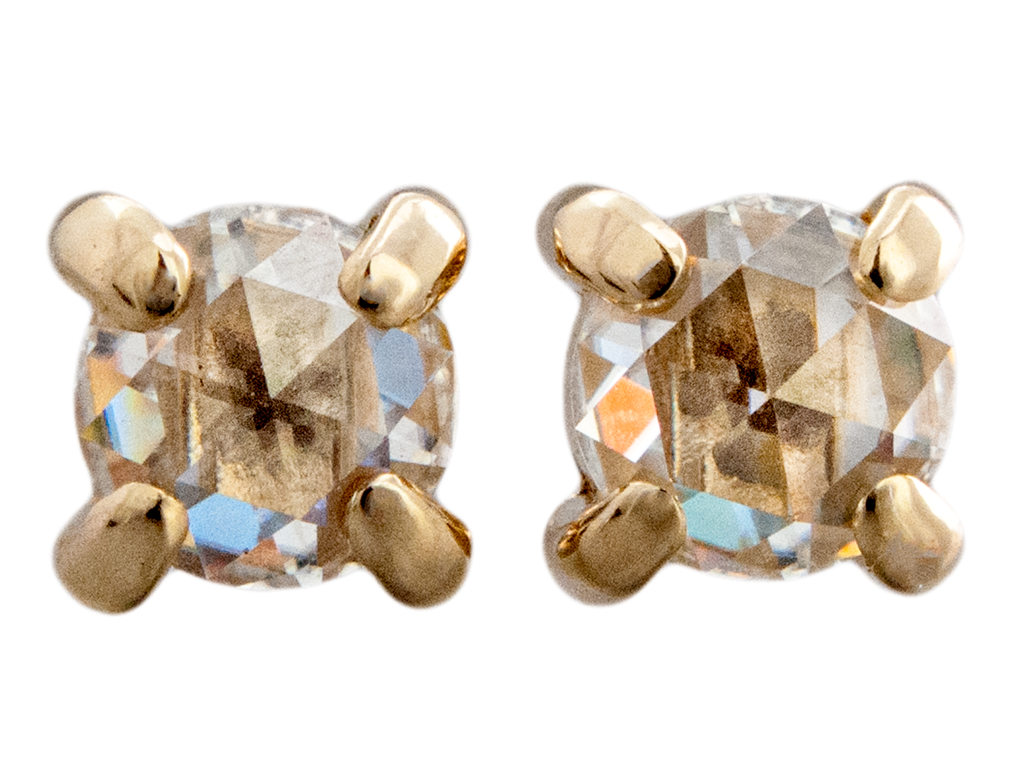 Rose Cut Moissanite Studs in 14k Gold, 4 prong studs made to order in 3mm-6mm round, rose, white, yellow gold