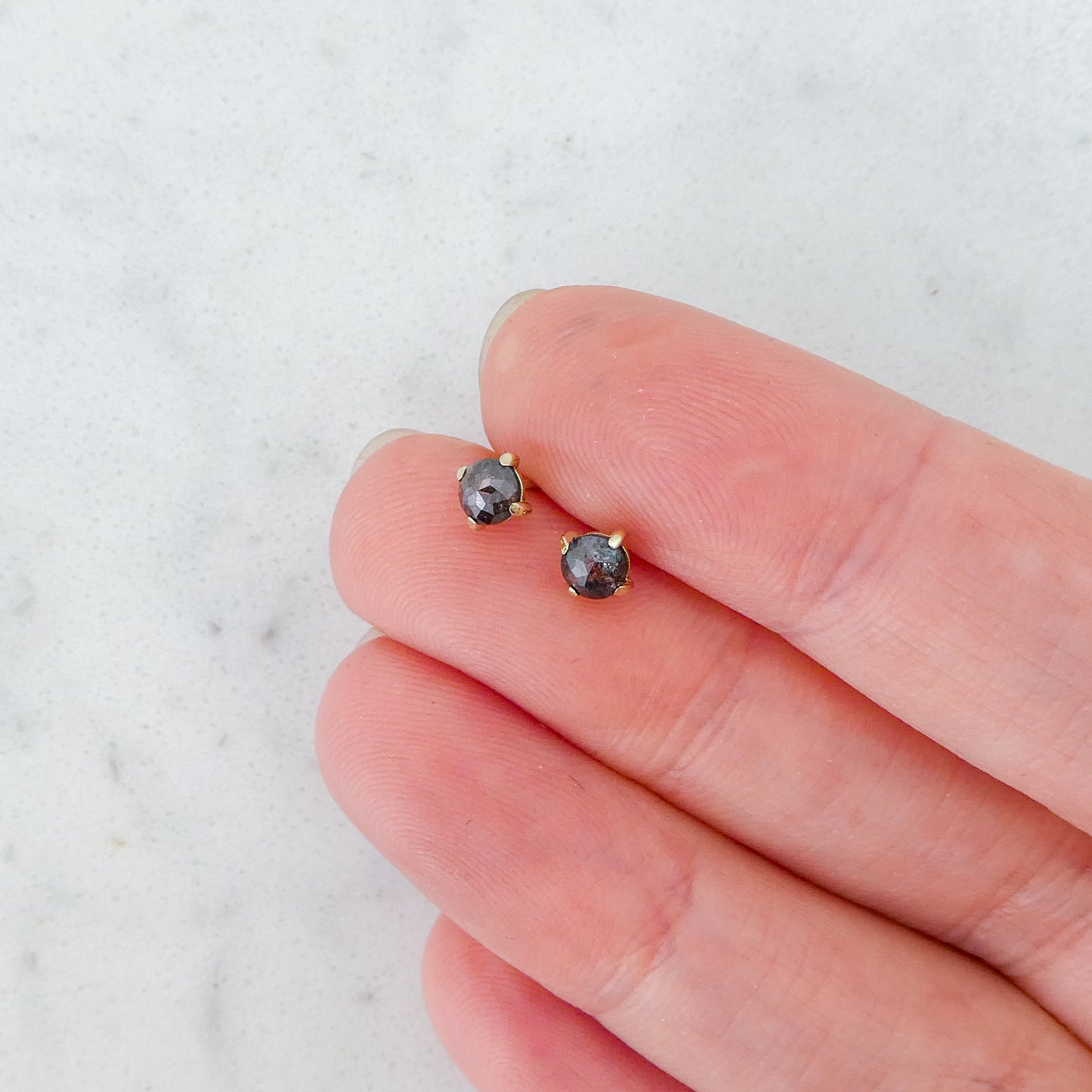 Rose-Cut Black Diamond and 14k Yellow Gold Prong Studs - 4mm rose cut diamond 4-prong stud Earrings | Ready to Ship