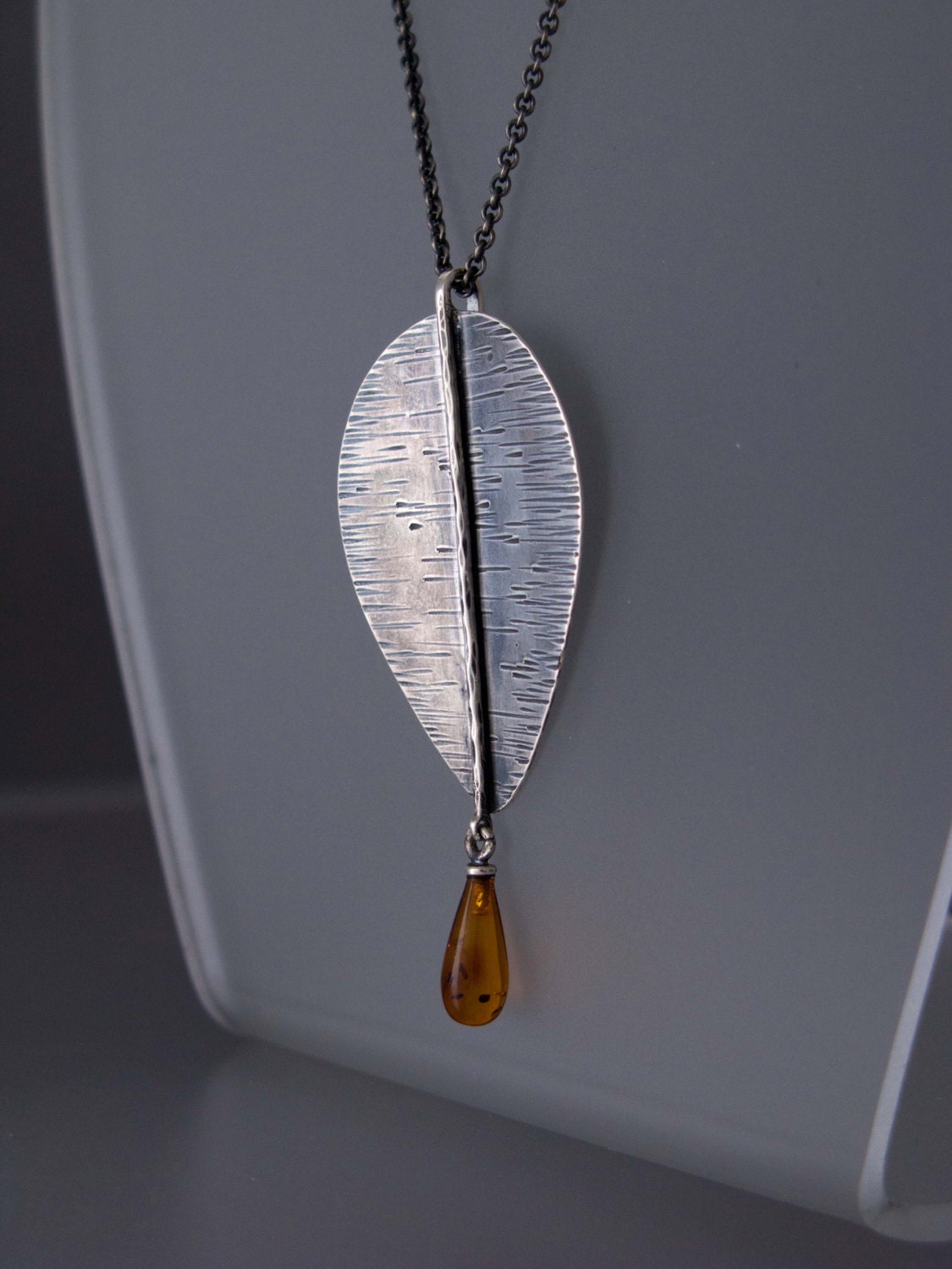 Large Sterling Silver Leaf Pendant Necklace with Amber Drop Ready to Ship