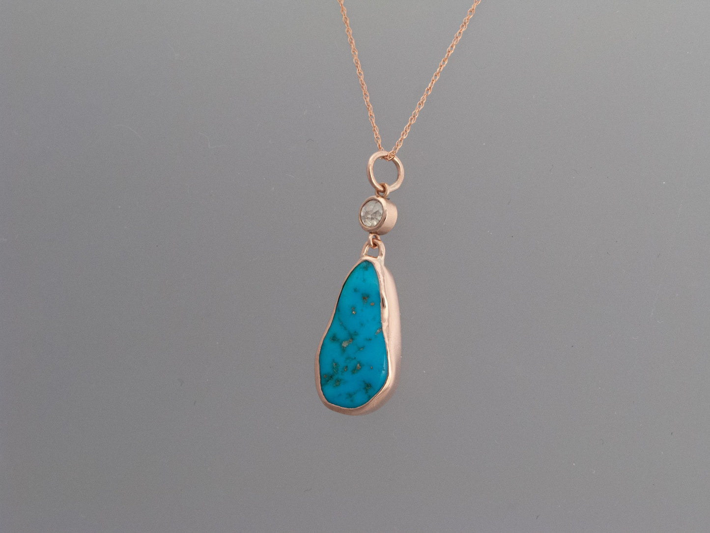 Kingman Turquoise and Rose Cut Diamond Necklace in 14k Rose Gold