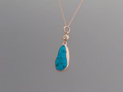 Kingman Turquoise and Rose Cut Diamond Necklace in 14k Rose Gold
