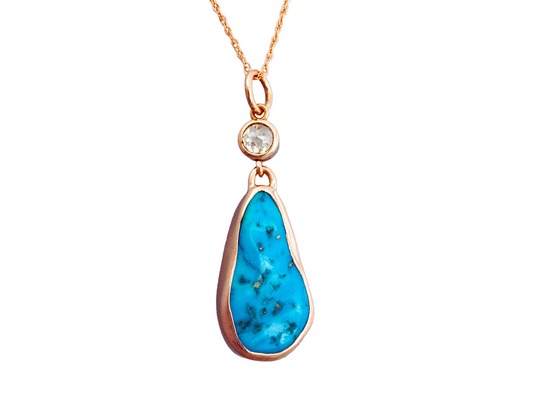 Kingman Turquoise and Rose Cut Diamond Necklace in 14k Rose Gold