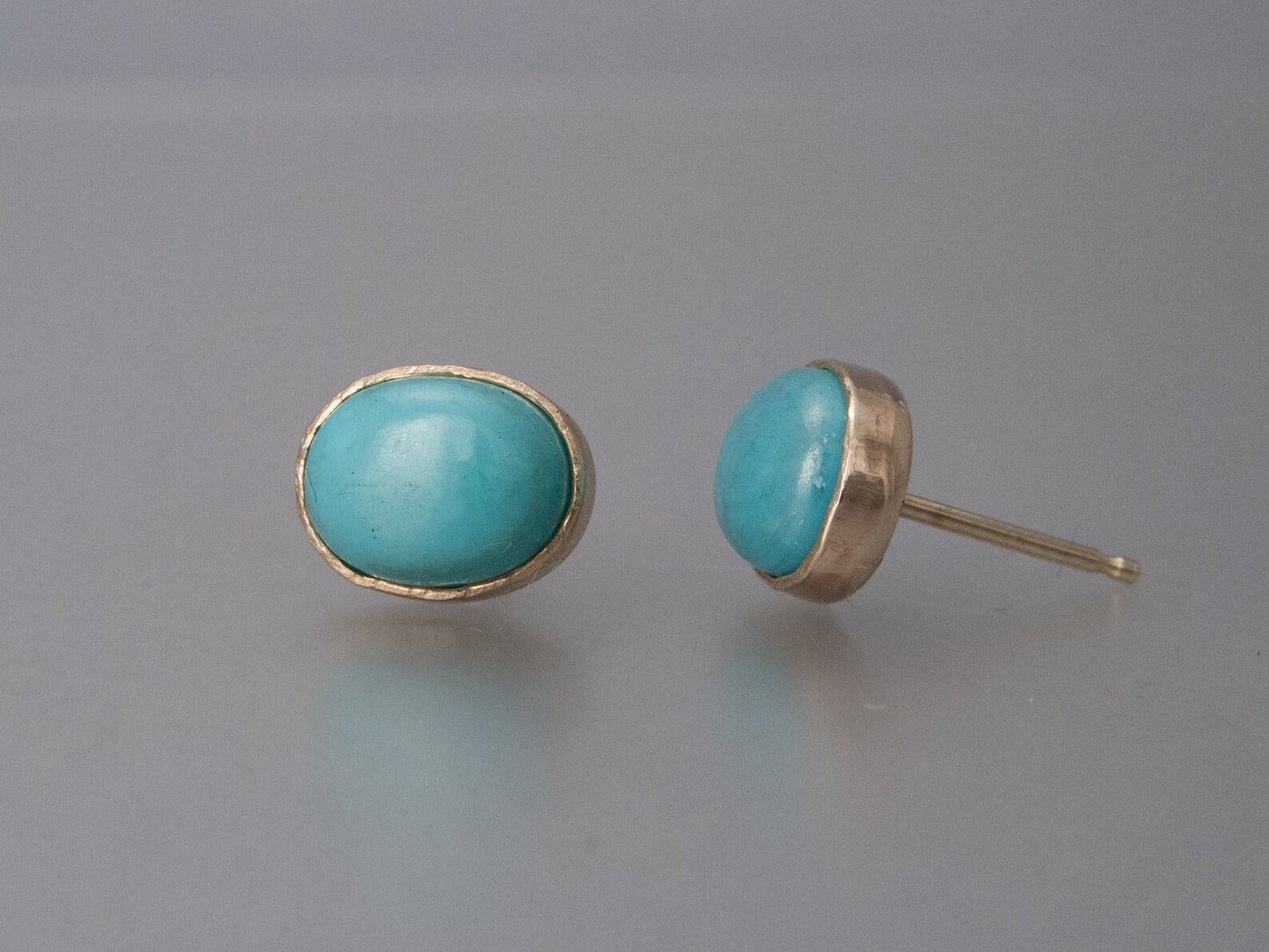 Oval Turquoise 14k Yellow Gold Bezel Studs, 8x6mm oval cabochon earrings