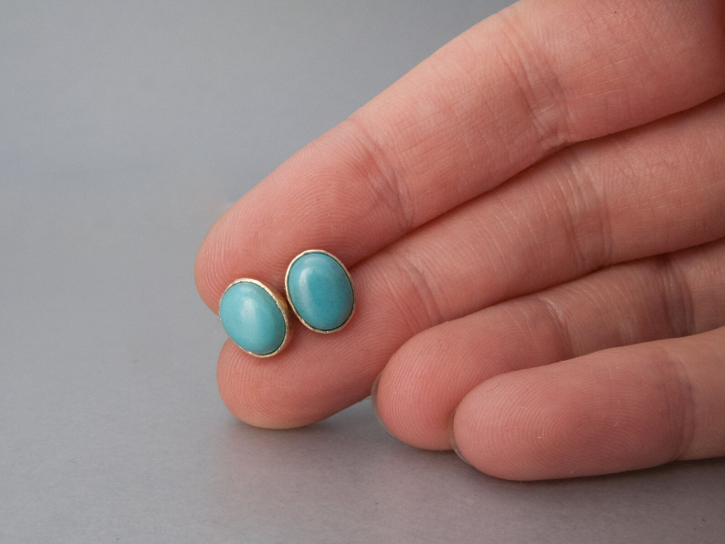 Oval Turquoise 14k Yellow Gold Bezel Studs, 8x6mm oval cabochon earrings
