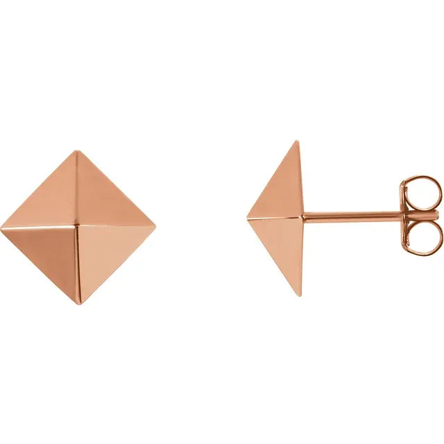 14k Gold Pyramid Studs, 8mm square spiked earrings in yellow, white or rose gold