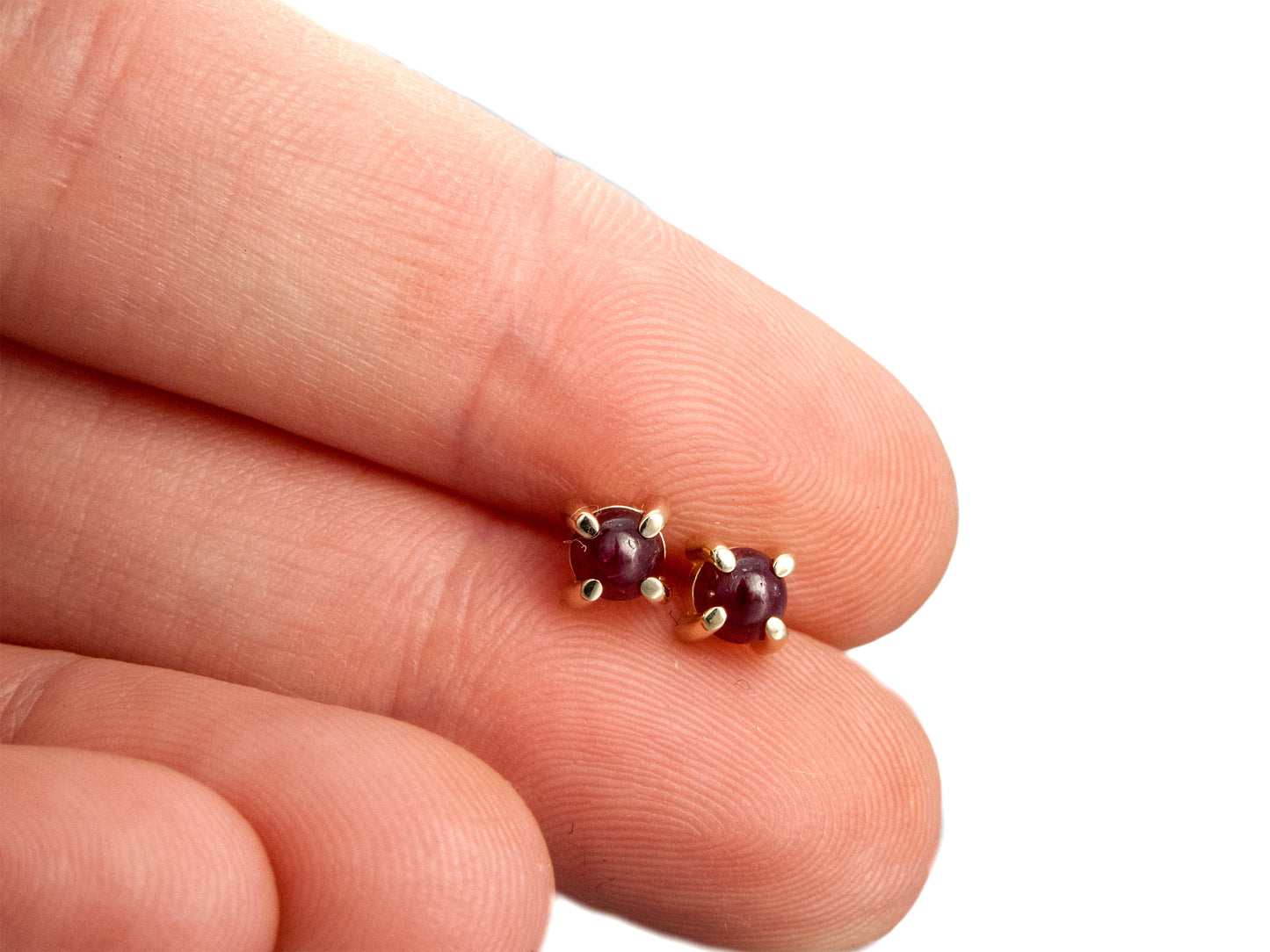 Small Ruby Cabochon Stud Earrings in 14k Gold Prong Settings | Choice of rose, yellow or white gold
