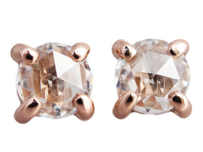Rose Cut Moissanite Studs in 14k Gold, 4 prong studs made to order in 3mm-6mm round, rose, white, yellow gold